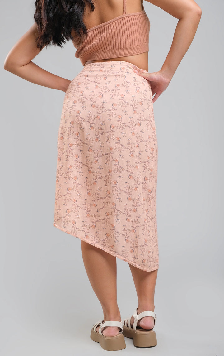 Pink Floral Asymmetric Wrap Skirt for Teen Girls - Viscose Fabric