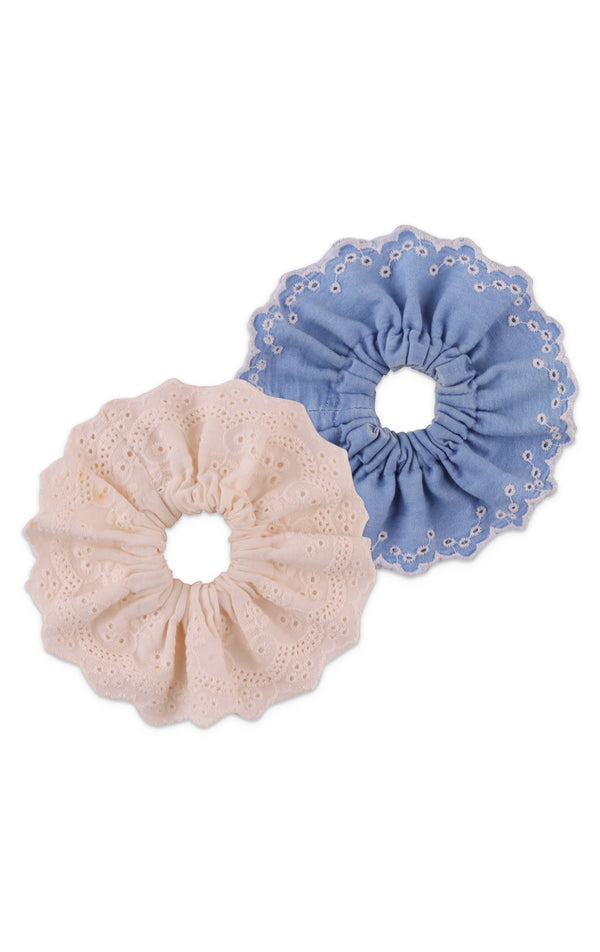 SCALLOP EMBROIDERED DENIM SCRUNCHIE