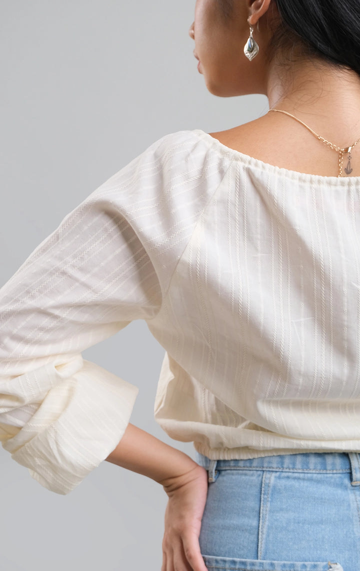 Off White Textured Peasant Top with Embroidery and Braided Cord for Teen Girls - Textured Dobby