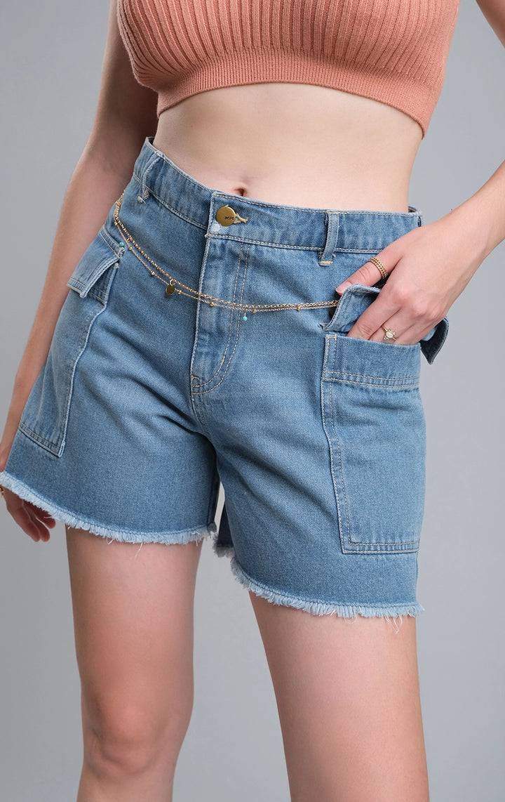 Blue Cargo Denim Shorts for Teen Girls - Denim Fabric