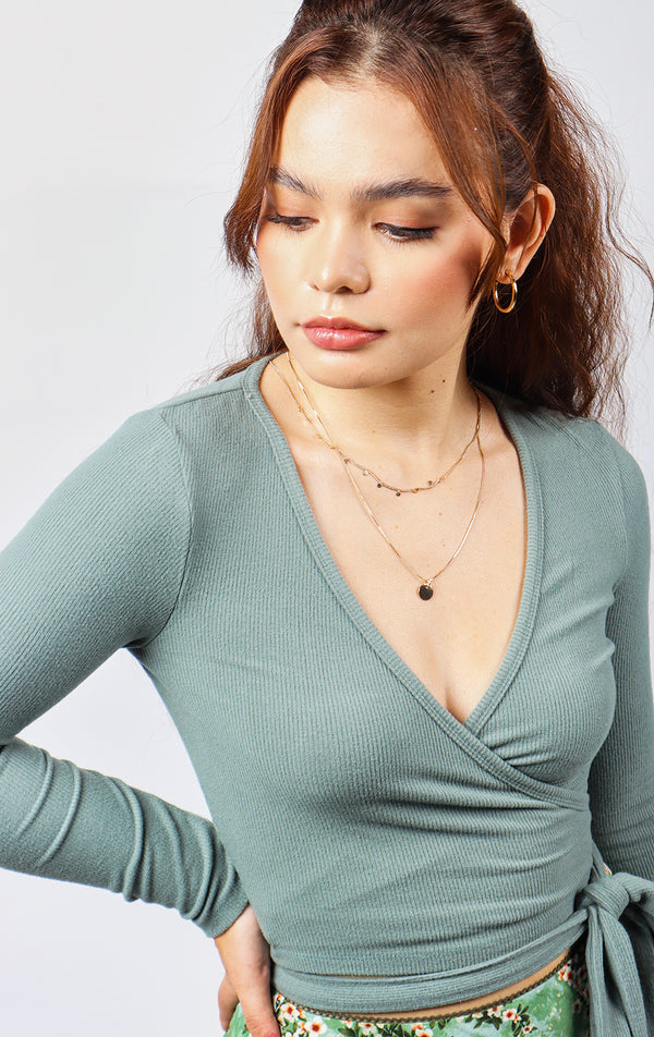 RIBBED LONG SLEEVES WRAP TOP WITH TIE