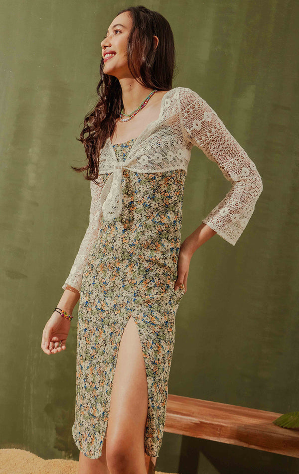 Floral Chiffon Midi Slip Dress with Slit for Teen Girls - Cotton Chiffon, Strappy Sleeves, Scoop Neckline, Midi Length