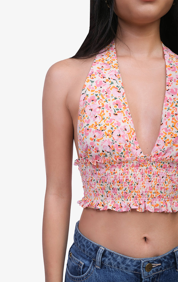 FLORAL PRINT OPEN BACK HALTER TOP