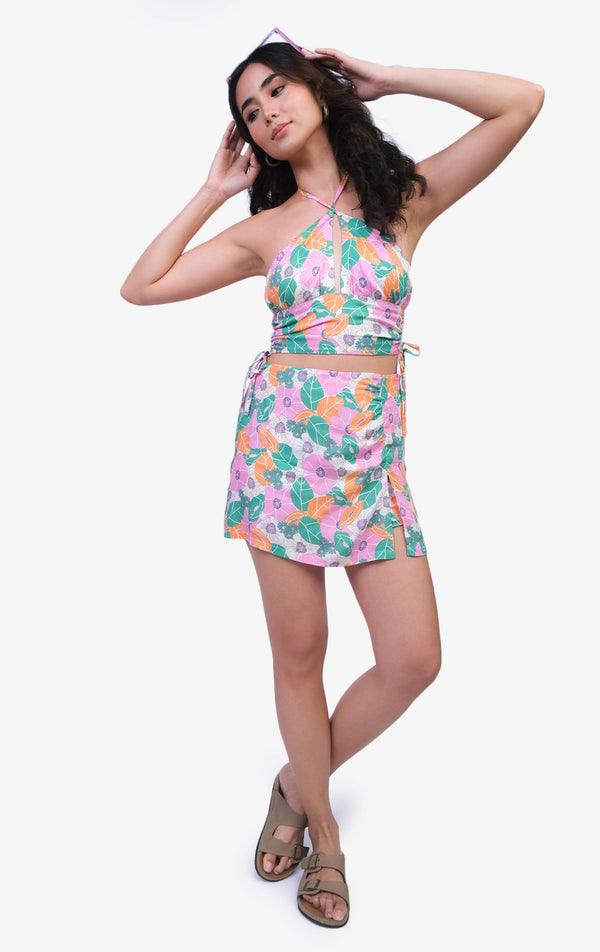 GROOVY FLORAL PRINT HALTER TOP AND SKIRT SET