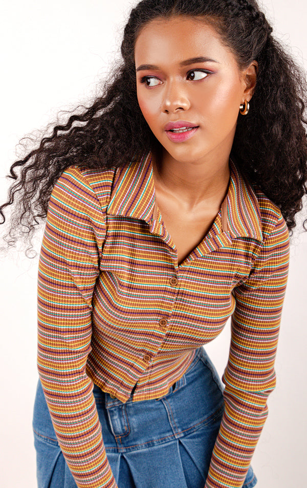 STRIPED RIB L/S COLLAR TOP