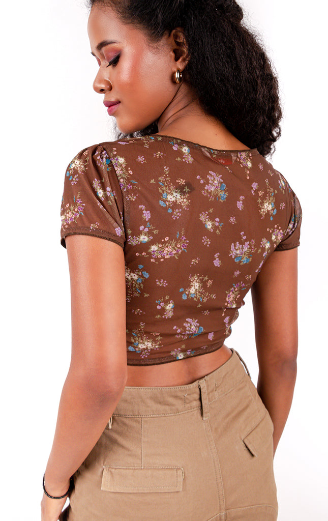 FLORAL CROPPED ROMANTIC TOP WITH LACE AND BOW