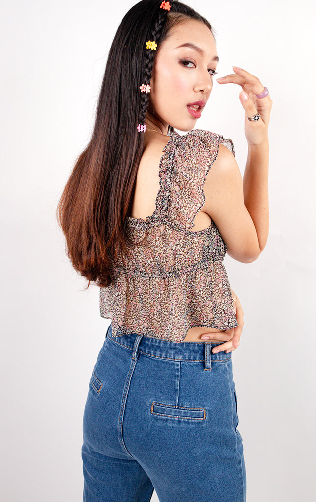 FRILLY FLORAL SELF-TIE BLOUSE