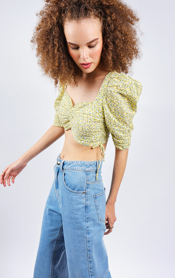 FLORAL RUCHED TOP WITH MUTTON SLEEVES
