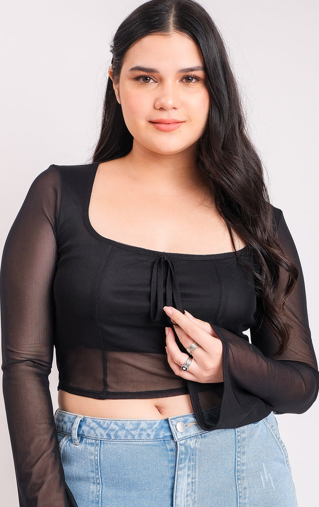 MESH CROP TOP WITH RIBBON