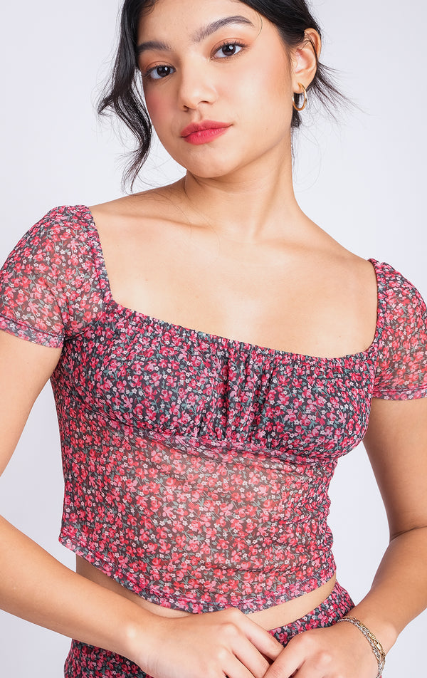 ROMANTIC FLORAL MESH SHIRRED TOP