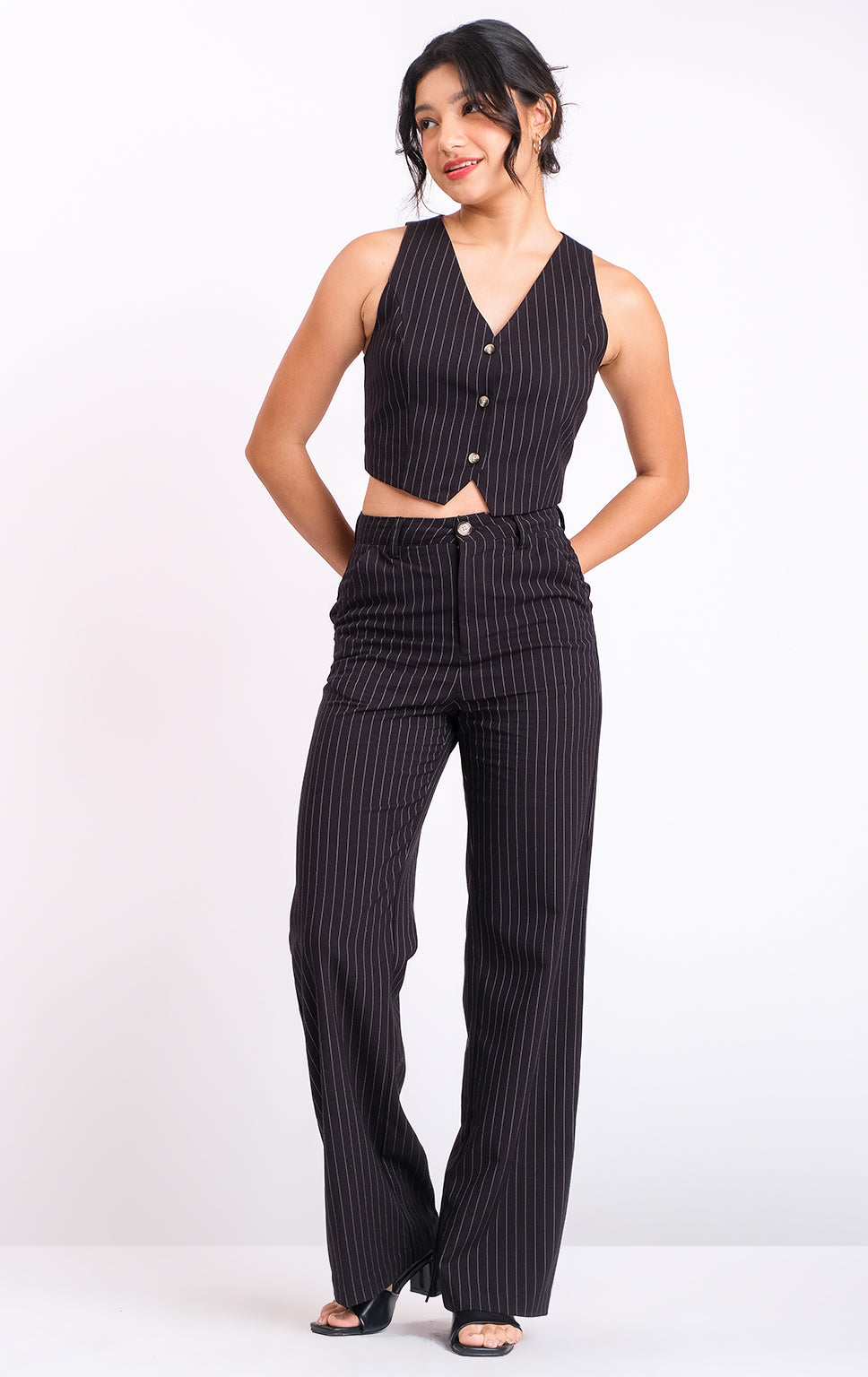 PINSTRIPE BUTTON FRONT VEST TOP WITH BUCKLE DETAIL