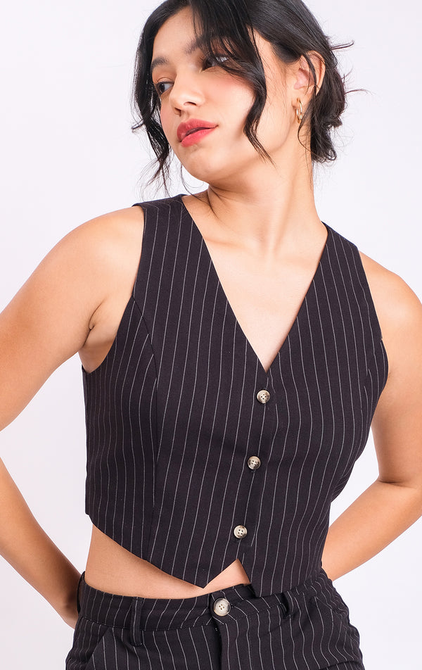 PINSTRIPE BUTTON FRONT VEST TOP WITH BUCKLE DETAIL