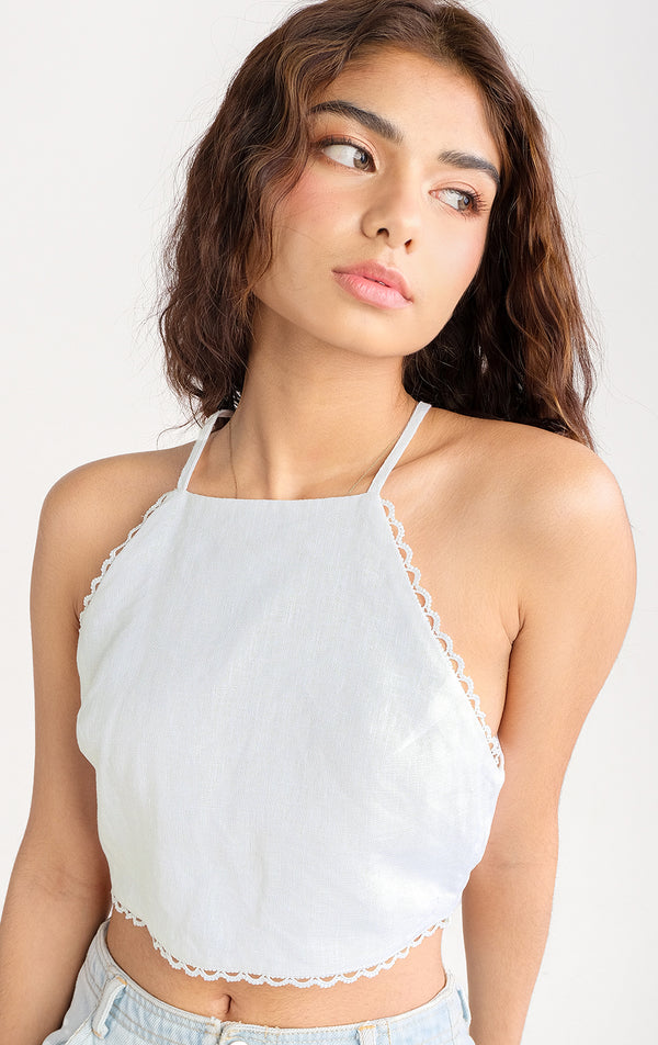 Halter Top in White Lace and Linen with Strappy Sleeves, Halter Neckline, Overlapping Back, Cropped Length for Teen Girls