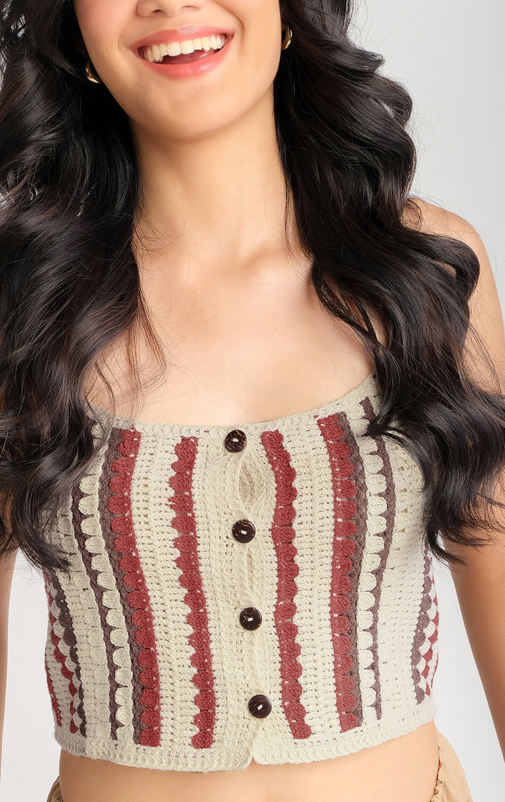 Crochet Striped Button Front Top in Combed Cotton with Strappy Sleeves, Sweetheart Neckline, Cropped Length for Teen Girls