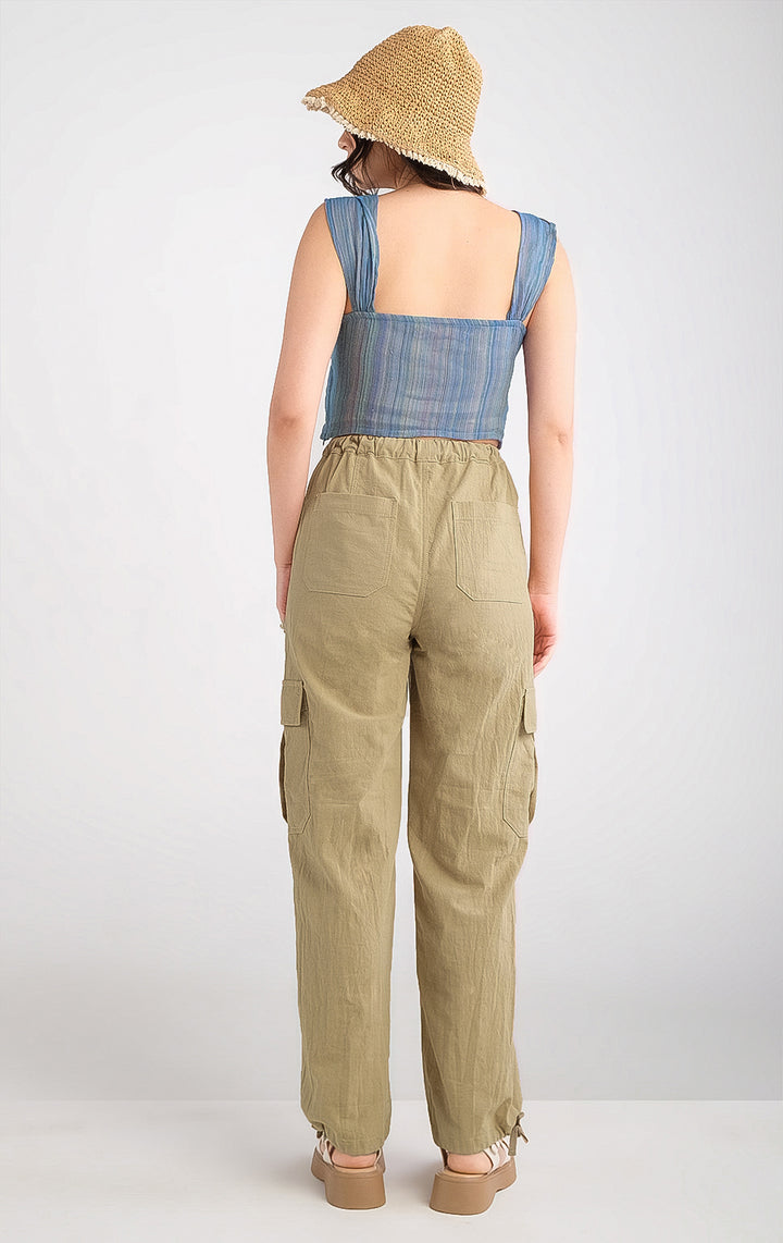 Straight Fit Textured Twill Cargo Pants in Brown for Teen Girls, Full Length