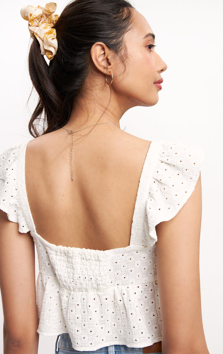 Cream Romantic Eyelet Knotted Top with Ruffles for Teen Girls - Cotton Eyelet, Ruffled Sleeves, Sweetheart Neckline