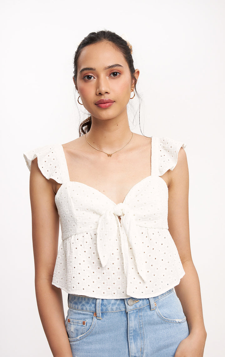 Cream Romantic Eyelet Knotted Top with Ruffles for Teen Girls - Cotton Eyelet, Ruffled Sleeves, Sweetheart Neckline