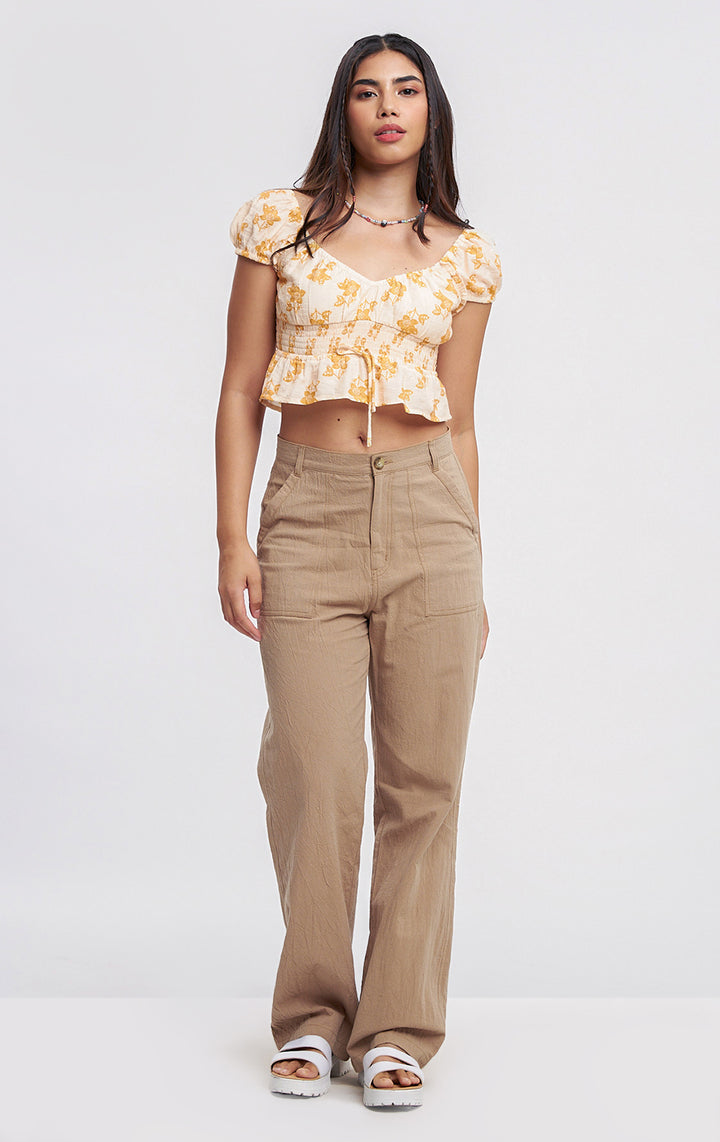 Off White Block Print Puff Sleeves Cropped Top with Smocking for Teen Girls - Crumpled Cotton, Puff Sleeves, V-Neckline