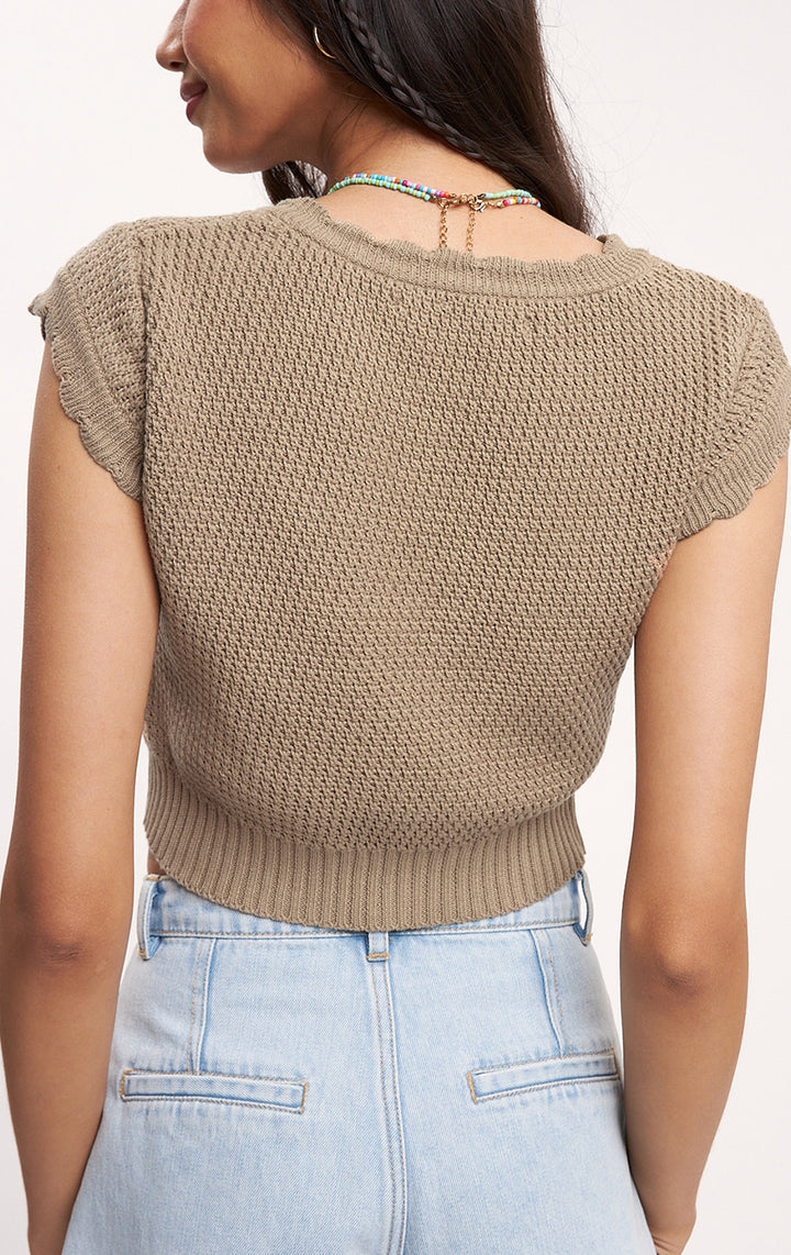 Beige Button-Down Crochet-Like Top with Scalloped Trims for Teen Girls - Combed Cotton, Short Sleeves, V-Neckline