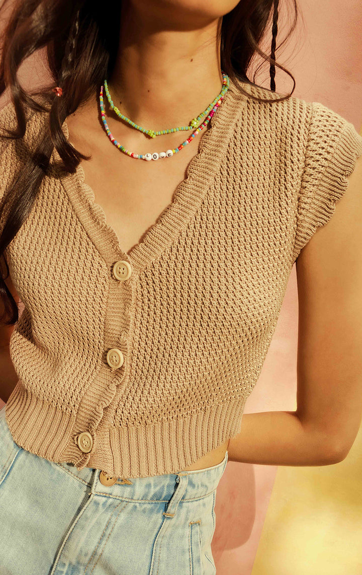 Beige Button-Down Crochet-Like Top with Scalloped Trims for Teen Girls - Combed Cotton, Short Sleeves, V-Neckline