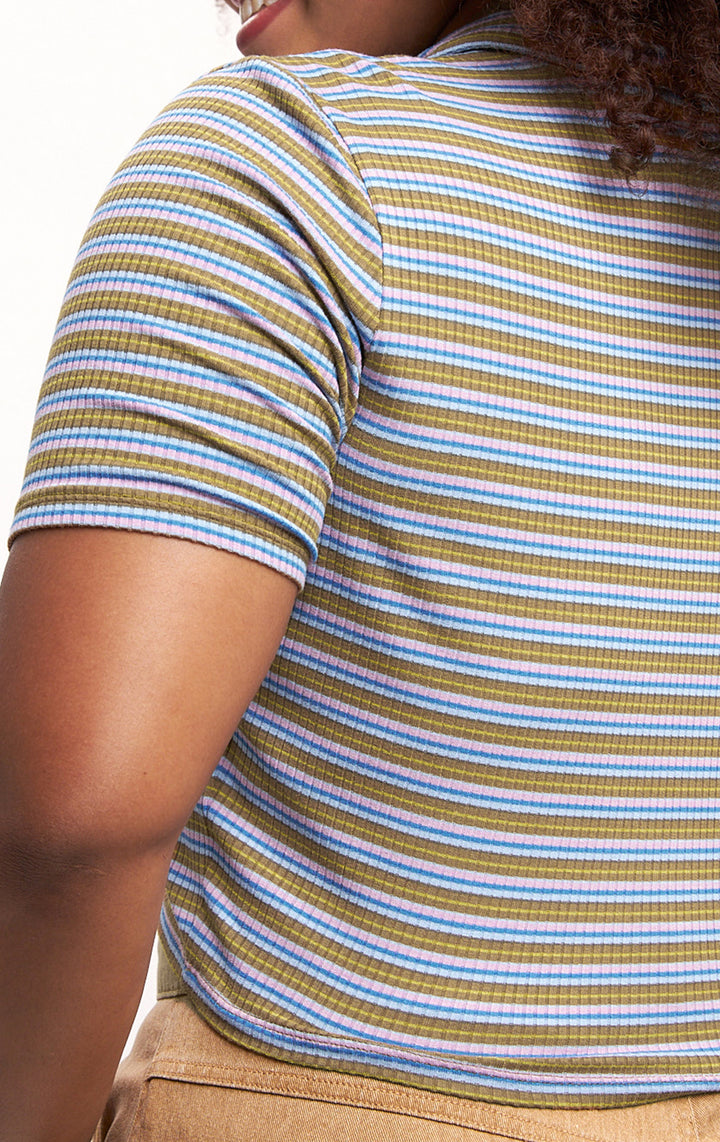 Striped Cropped Polo Tee - Ribbed Jersey, Short Sleeves, Collared Neckline, Regular Fit