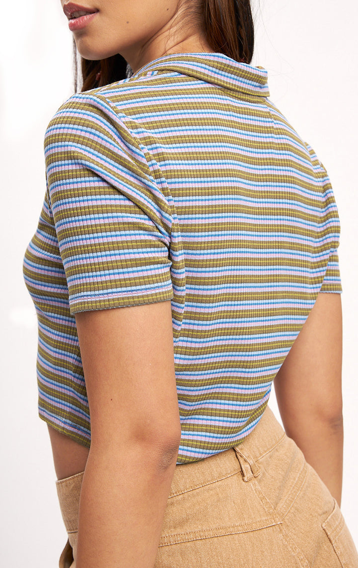 Striped Cropped Polo Tee - Ribbed Jersey, Short Sleeves, Collared Neckline, Regular Fit