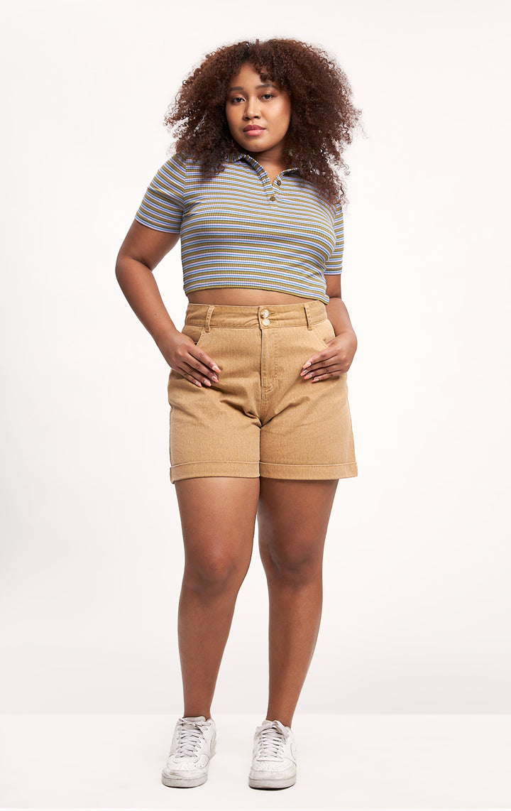 Striped Cropped Polo Tee - Ribbed Jersey, Short Sleeves, Collared Neckline, Regular Fit