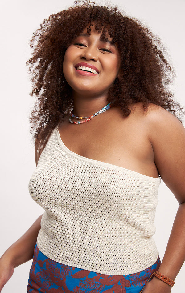 Off White Crochet Asymmetrical Top for Teen Girls - Yarn, Strappy Sleeves, Asymmetrical Neckline
