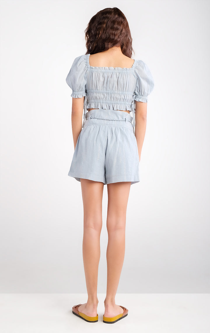 Puff Sleeves Top with Side Ribbons in Blue Crumpled Cotton, Square Neckline, Cropped Length for Teen Girls