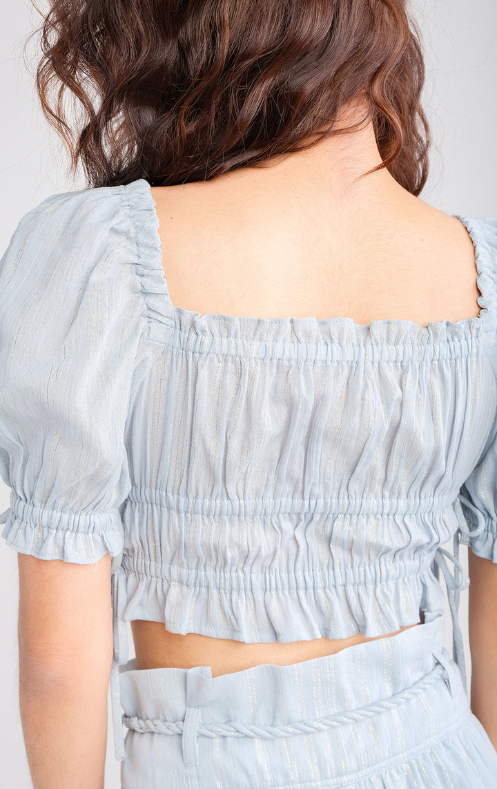 Puff Sleeves Top with Side Ribbons in Blue Crumpled Cotton, Square Neckline, Cropped Length for Teen Girls