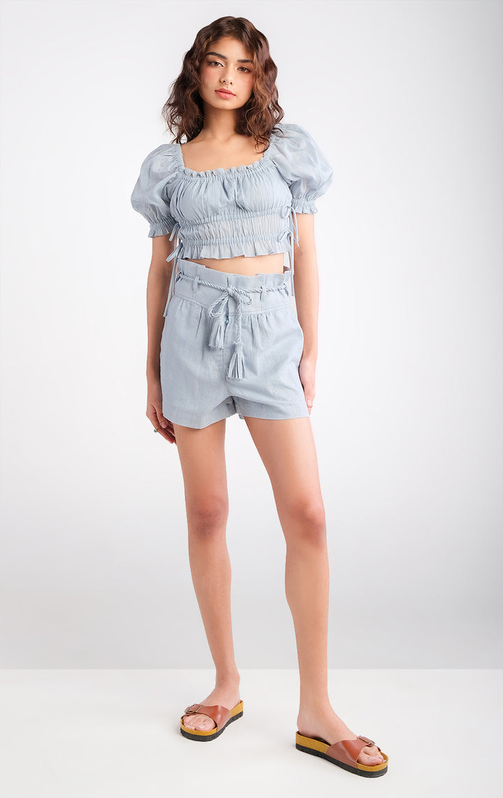 Puff Sleeves Top with Side Ribbons in Blue Crumpled Cotton, Square Neckline, Cropped Length for Teen Girls