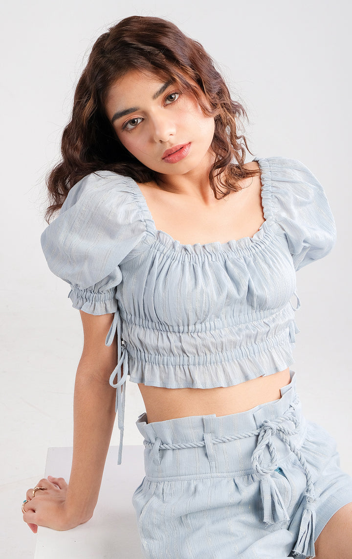 Puff Sleeves Top with Side Ribbons in Blue Crumpled Cotton, Square Neckline, Cropped Length for Teen Girls