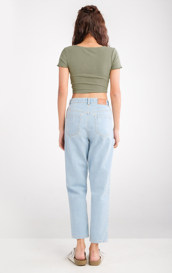 Ruched Cropped Top - Green Color, Short Sleeves, Sweetheart Neckline, Regular Fit