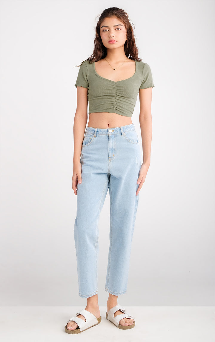 Ruched Cropped Top - Green Color, Short Sleeves, Sweetheart Neckline, Regular Fit