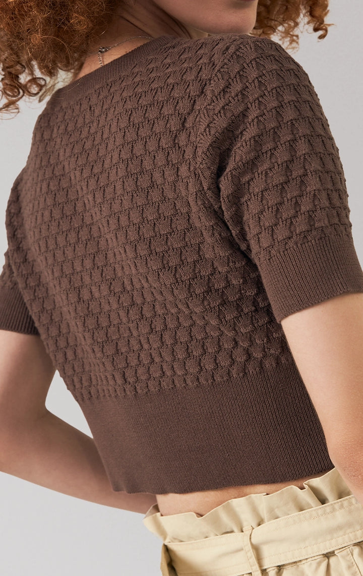 Back detail close-up of the fabric and stitching on the pointelle crop top by Just G Philippines