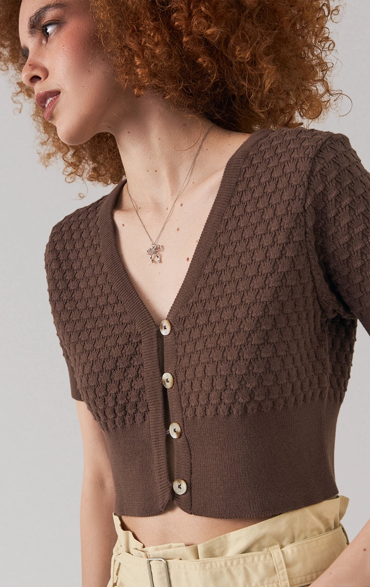 Front detail close-up of the button detail and pointelle knit texture by Just G Philippines