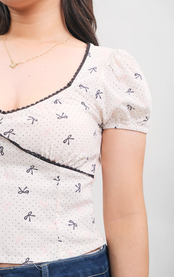 BOW PRINT PUFF SLEEVE CORSETRY-LIKE BLOUSE