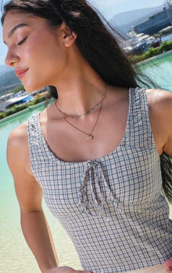 CHECKERED SCOOP NECK SLEEVELESS MILKMAID TOP