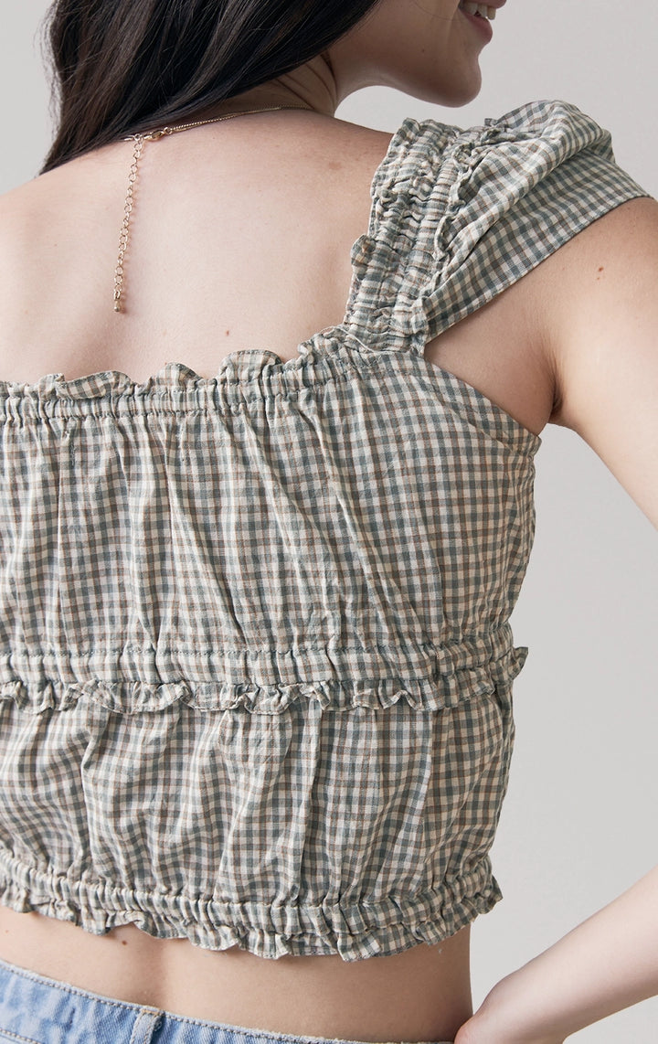 Close-up of back details of Checkered Smocked Top with Flutter Sleeves, showing smocking texture and clean back lines. From Just G Philippines.