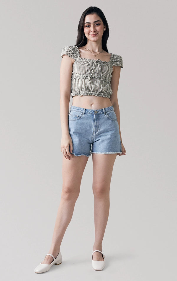 Full front view of multicolor Checkered Smocked Top with Flutter Sleeves, showing scoop neckline and smocked bodice. From Just G Philippines.
