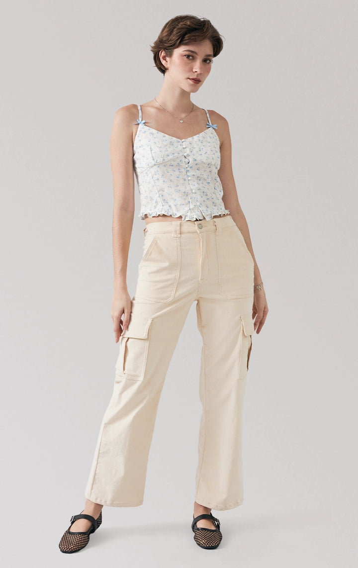 Full front view of Floral Strappy Button Front Corset Top with Bows and Ruffled V-Hem, showing fitted silhouette and V-neckline from Just G Philippines.