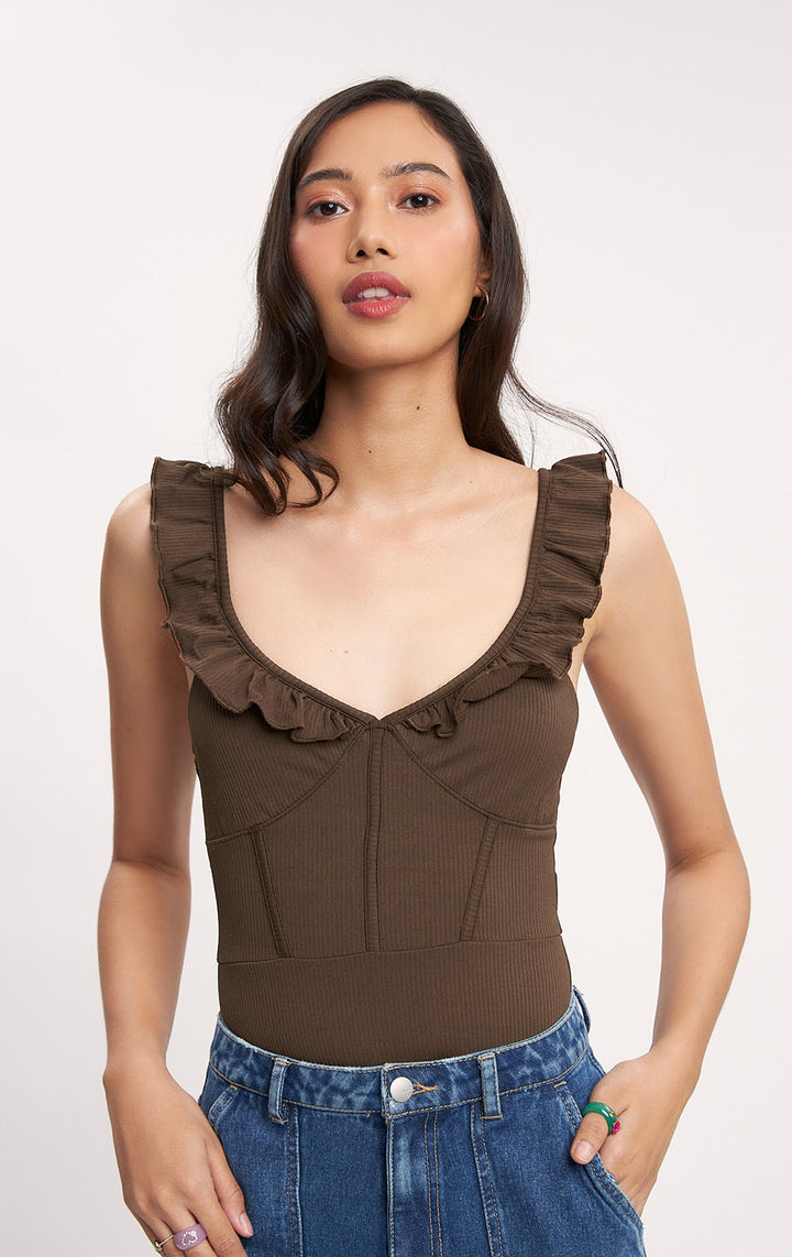 Corset-Like Bodysuit with Ruffles - Ribbed Jersey, Ruffle Sleeves, V Neckline, Regular Fit, Dark Brown