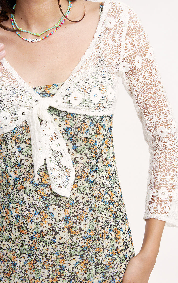 White Crochet-Like Cropped Self Tie Cardigan for Teen Girls - Yarn, Long Sleeves, V-Neckline