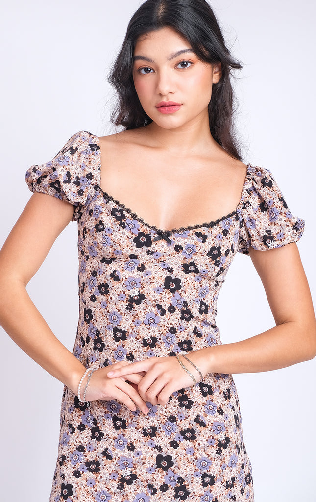 FLORAL PRINT PUFF SLEEVE SHORT DRESS WITH LACE DETAIL AND BOW