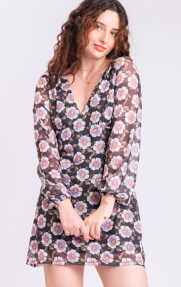 FLORAL MESH L/S A-LINE SHORT DRESS