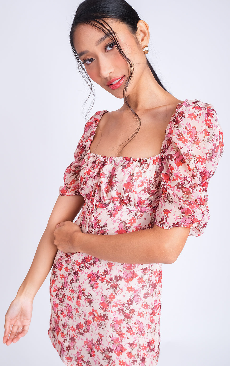 FLORAL PUFF SLEEVE SHORT DRESS WITH KNOTTED FRONT