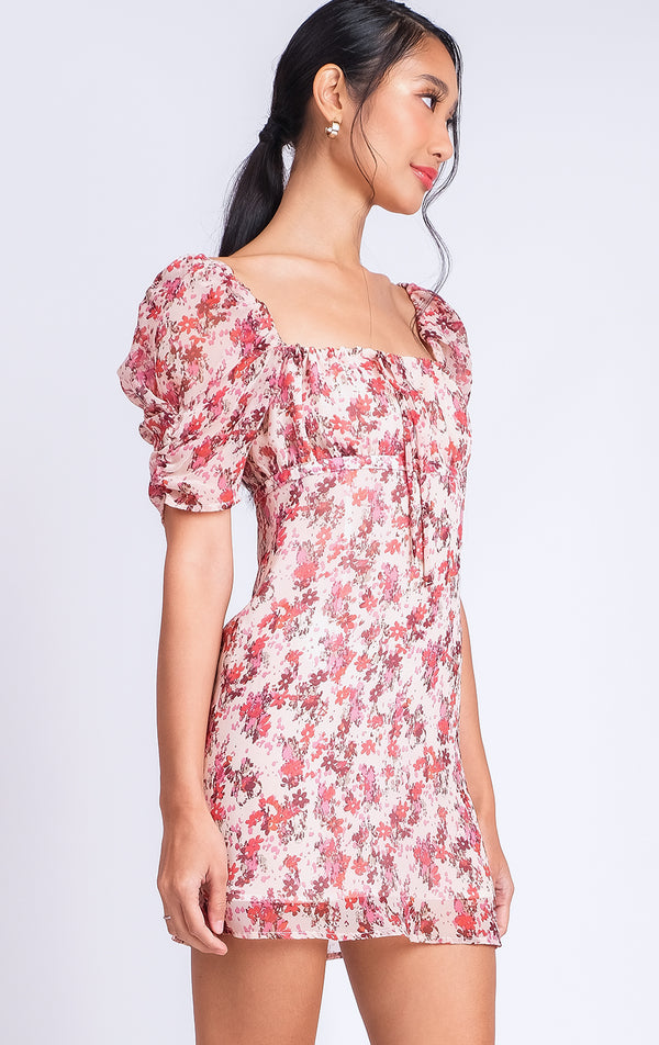 FLORAL PUFF SLEEVE SHORT DRESS WITH KNOTTED FRONT