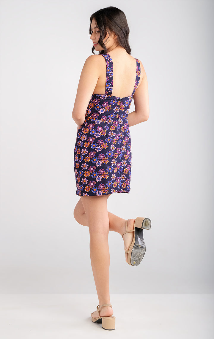 Floral Peek-a-Boo Twist Front Mini Dress in Cotton Linen for Teen Girls