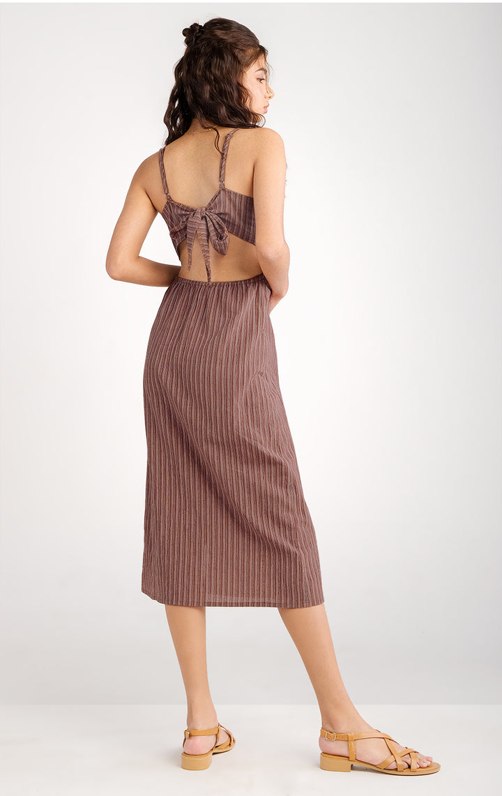 Striped Midi Dress with Slit, Side Cut Outs, and Strappy Sleeves in Crumpled Cotton for Teen Girls