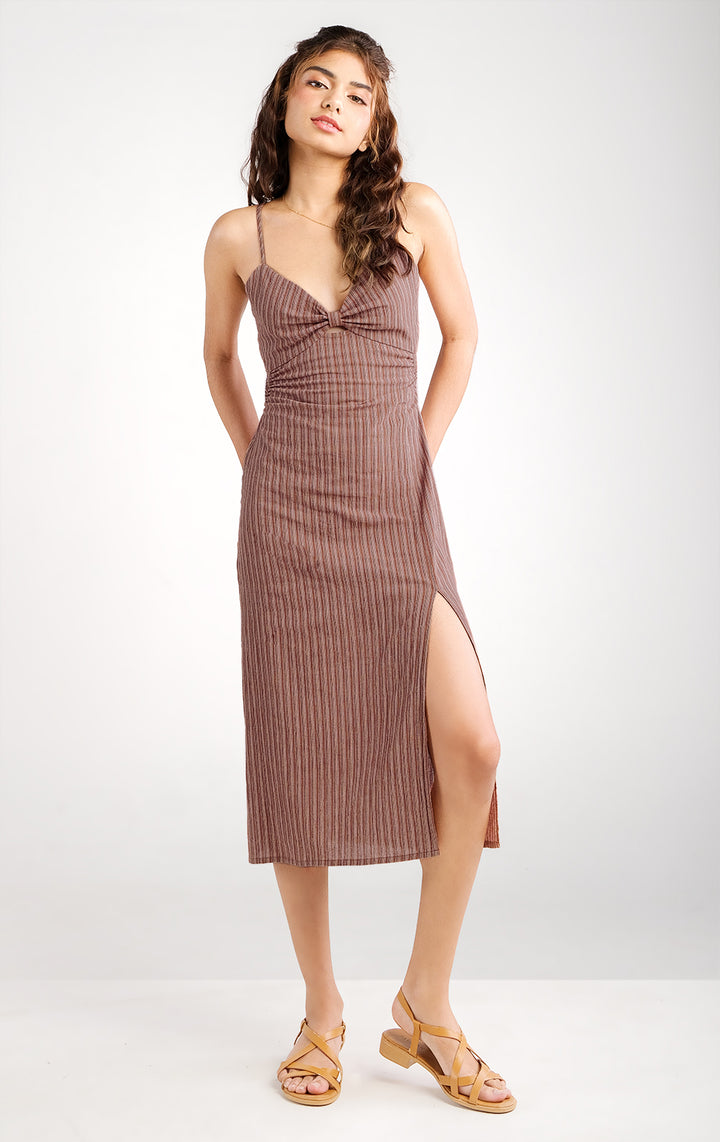 Striped Midi Dress with Slit, Side Cut Outs, and Strappy Sleeves in Crumpled Cotton for Teen Girls